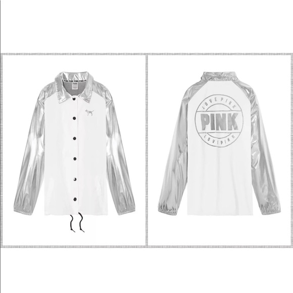 VS PINK Snap Front Coach Jacket White / Silver - Picture 2 of 8